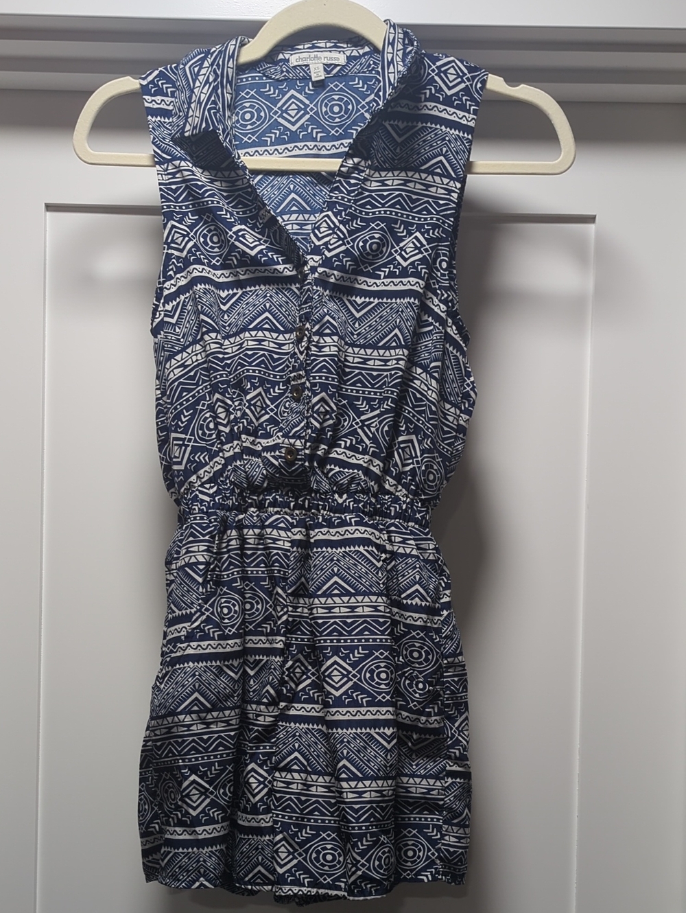 Charlotte Russe Navy and White Geometric Sleeveless Romper